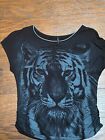 Skinny Minnie Black & Gray Tiger Sparkle Bling Ruched T-shirt Women's small