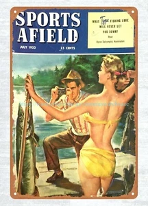 1953 Sports Afield sexy girl fishing metal tin sign primitive home decor