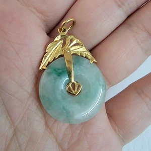Carved Circle Bi Natural Jadeite Jade, 22K Yellow Gold Pendant Chinese - Picture 1 of 5