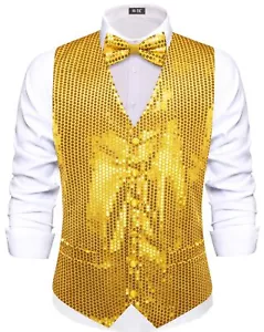 Men Shiny Sequin Vest Bowtie Set Suit Vest for Men Dinner Party Prom Ball V N... - Picture 1 of 7