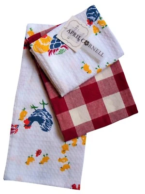 April Cornell 3 Pc. Cotton Kitchen Tea Towel Set Red White Roosters Chick Checks - Image 1 of 4