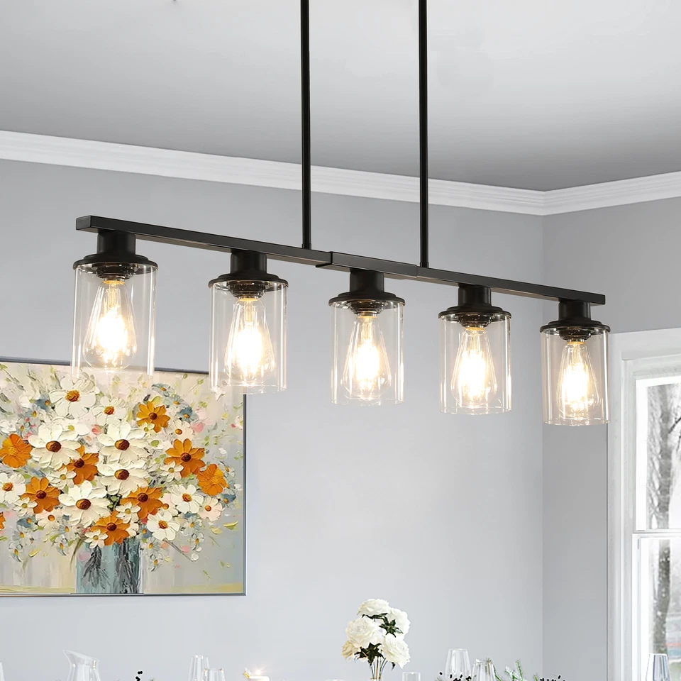 5 Light Chandelier Farmhouse Black Ceiling LED Pendant With Glass Shade Fixture - Image 1 of 4