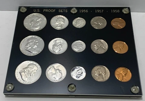1956, 1957, 1958 U.S. PROOF SETS in hard plastic case/holder, Exceptional Cover