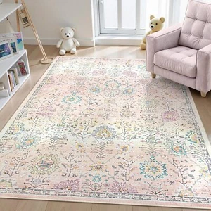 Pink Boho Area Rug for Nursery,5x7 Washable Rugs for Bedroom Girls Kids Room - Picture 1 of 7