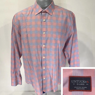 Camisa masculina UNTUCKit XL manga longa rosa azul Gingham mistura de linho algodão Gingham - Imagem 1 de 4