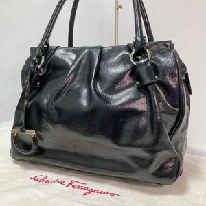 Salvatore Ferragamo Gancini Leather Tote Bag Black With Bottom Studs Good - Picture 1 of 20