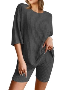 Pj Sets for women Summer Ribbed TShirts Biker Shorts Gym Running Outfits Loos... - Picture 1 of 5