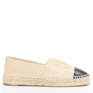 CHANEL nude lamb leather CC logo black toe cap beige espadrille shoes EU38 - Picture 1 of 11
