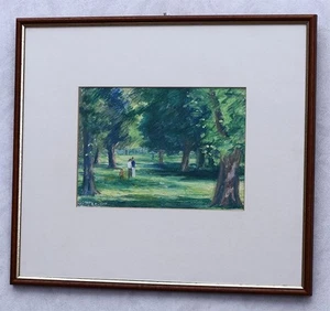 Impressionist Park Scene With Figures By Maja Olesen, Berlin? Framed Pastel - Picture 1 of 7