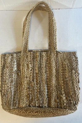 Женская кожаная и джутовая сумка-тоут бежевая желтовато-коричневая соломенная низ для отпуска путешествий натуральная - Изображение 1 из 4