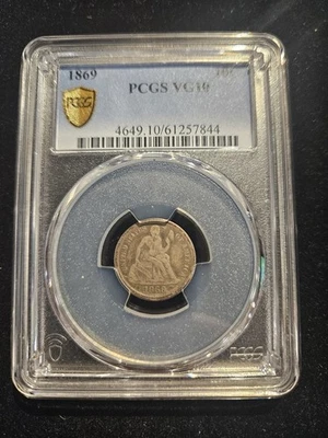 1869 SEATED LIBERTY 10C PCGS GOLD SHIELD VG 10 - toned - Image 1 of 4