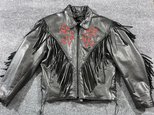 Vintage 90s Leather Fringe Jacket Women’s Medium Red Roses Biker Punk - Picture 1 of 17