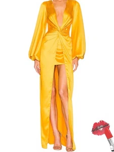 Revolve Yaura Tawa Dress Satin Golden Yellow Ballon Sleeves Wedding Guest - Picture 1 of 14