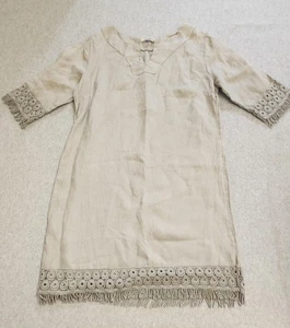 Alessia Pacini Tunic Dress Womens Small Beige Linen Crochet Fringe Made in Italy - Picture 1 of 17
