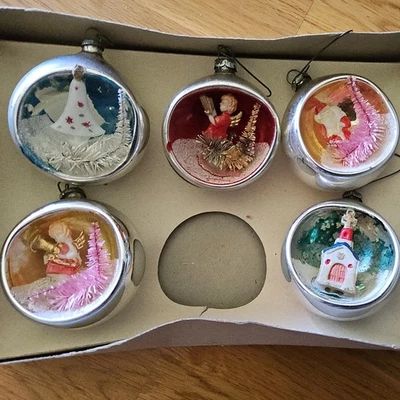 5 VTG Glass Diorama 3D Ball Christmas Ornaments 2 Angels Tree Santa Church Japan - Image 1 of 4