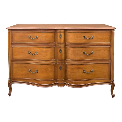 1960s Drexel French Country Louis XV Cherry Low Double Dresser w/ Hidden Drawer Cover