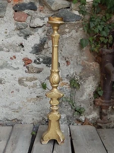 ANTICO ARTE SACRA CANDELABRO CANDELIERE TORCIERA LEGNO SCOLPITO DORATO XIX SEC - Imagen 1 de 11