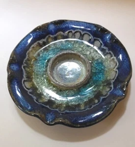Stoneware Votive Candle Holder Dish Blue & Crackle Glass Bottom Fluted Edge  - Picture 1 of 7