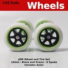 Black/Green 6 spoke Real Riders JDM Wheels with White Tires for Hot Wheels