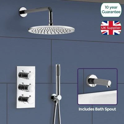 Flora 3 Way Round Concealed Thermostatic Mixer Valve Hand Shower Bath Filler