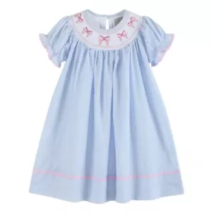 NWT Lil Cactus Blue Pink Bow Coquette Bishop Smocked 3T Baby Girls Dress 3 Years - Picture 1 of 4