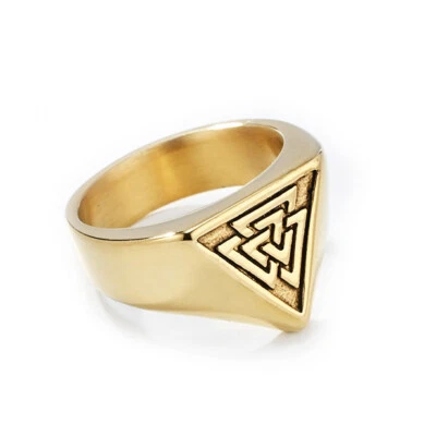 Viking Odin's Valknut Ring Stainless Steel Retro Triangle Knot Amulet Ring Gold - Image 1 of 4