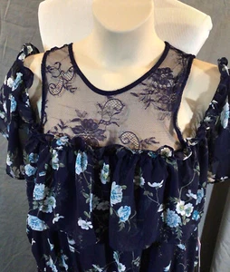 Women 1x 16 Flounce Off Shoulder Midi Dress Blue Floral Lace Romantic Fairy Read - Picture 1 of 6