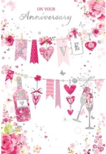 Open Wedding Anniversary Card - Champagne Flutes & Little Hearts 7.75" x 5.25" - Picture 1 of 1