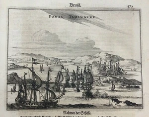 PONTA TAMANDERE BRAZIL 1673 MONTANUS RARE ANTIQUE ENGRAVED VIEW 17TH CENTURY - Picture 1 of 3
