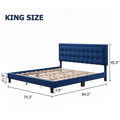 Heavy Duty Platform Bed Frame with Adjustable Upholstered Headboard Wood Slats - Image 1 of 4