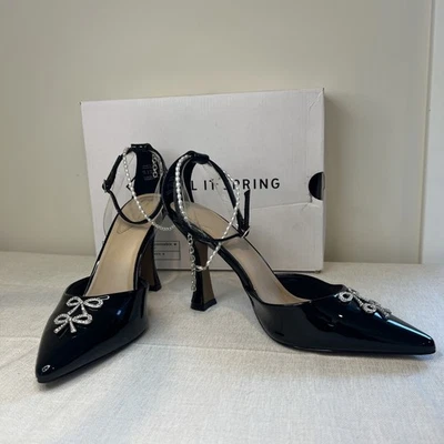 Call It Spring Black Patent Heels with Bow Accent and Ankle Strap Sz 11 New - Image 1 of 4