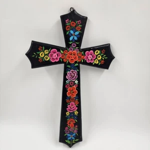 Inspirational Wooden Cross w Floral Hand Painted Routed Edges Pointed Wall Decor - Picture 1 of 8