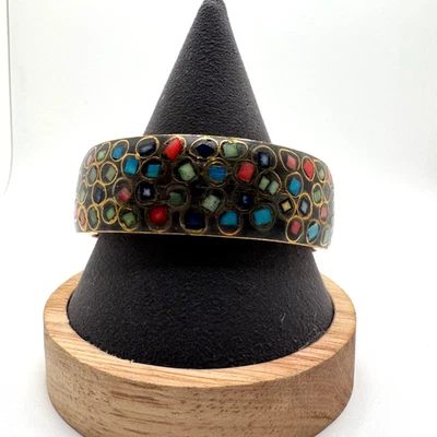 Wide Brass Enameled Bangle Bracelet Inlayed Colored Stones Set Inside Circles - Image 1 of 4