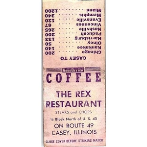 The Rex Restaurant Casey IL Vintage Matchbook Cover SC7-Y11 - Picture 1 of 2