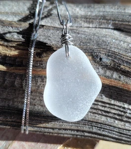 Sea Glass Necklace 925 Sterling Silver Chain Bright Snow White Frosty Wedding - Picture 1 of 5