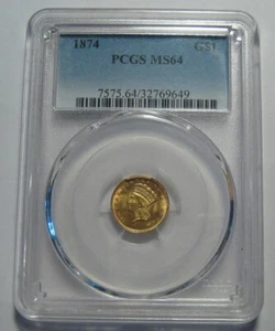 = 1874 PCGS MS64 $1 Gold Piece Dollar, TYPE 3 T3, FREE Shipping - Picture 1 of 5
