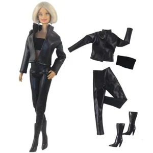 Set vestiti in pelle nera moda per bambola 11,5" abiti giacca cappotto pantaloni stivali - Foto 1 di 3