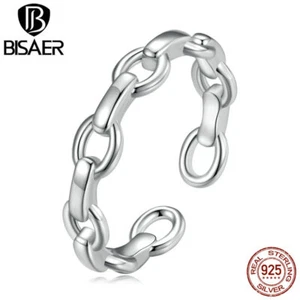 Bisaer Authentic 925 Sterling Silver Metal Chain Finger Ring For Women Jewelry - Picture 1 of 12