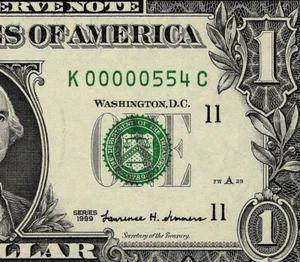 1999 $1 Federal Reserve Note Low 3 digit Serial Number Dallas K00000554C PMG 65 - Picture 1 of 4