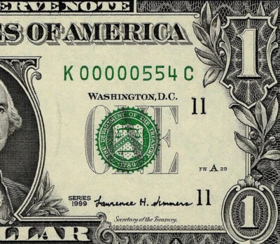 1999 $1 Federal Reserve Note Low 3 digit Serial Number Dallas K00000554C PMG 65 - Image 1 of 4