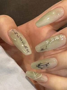 24pcs Long Coffin Green Ombre Bamboo Character Print Fake Nail False Nails Press - Picture 1 of 6