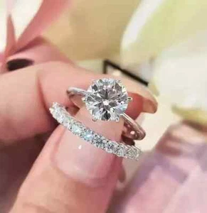 2.50 Ct Round-Cut Moissanite Solitaire Bridal Set Wedding Ring 14k White Gold FN - Picture 1 of 10