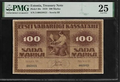 Estonia 100 Marka 1919 PMG 25 P#48c  Treasury Note, Series III - Image 1 of 4
