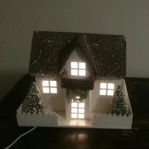POTTERY BARN WOODEN CHRISTMAS LIGHTED SPARKLE HOUSE - Picture 1 of 9