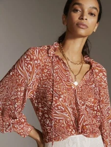 NUEVO CON ETIQUETAS Blusa Campesina Estampada Transparente Anthropologie Motivo Rojo Manga Larga Talla Med - Imagen 1 de 14