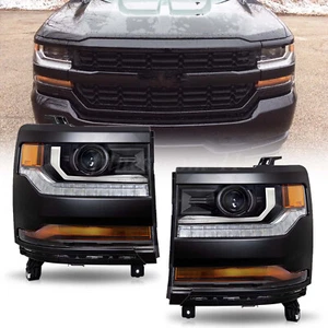 For 2016-2018 Chevy Silverado 1500 HID Black Pair Projector Headlights w/LED L+R - Picture 1 of 12