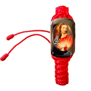 Sacred Heart of Jesus Reversible Bracelet Red Knotted Rope Wood Pendant Handmade - Picture 1 of 2