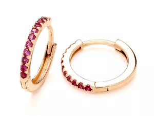 9ct Yellow Gold simulated RUBY Hoop Huggie Hinged Earrings 12.5mm Diameter - Picture 1 of 6