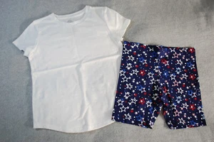 Girls Summer Outfit WHITE S/S KNIT T-SHIRT Blue Bike Shorts Red Stars S 6-6X - Picture 1 of 1