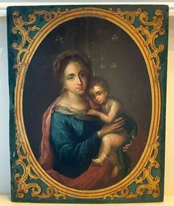 Antique Gesso and Wood Icon Hand Painted Madonna Mary Mother of God Jesus Christ - Picture 1 of 11
